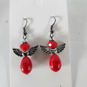 Hand Crafted Angel Earrings Red Silver Pierced Ears